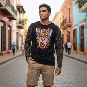 Ay Guey XL Graphic Long Sleeve Shirt Leopard Skull Print Streetwear